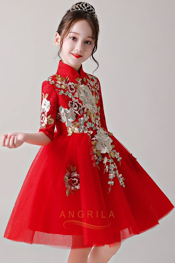 Red Embroidery Knee-Length Flower Girl ...