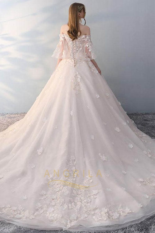 Embroidered Lace Applique Ball Gown Wedding Dress