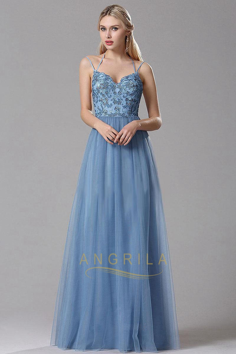 Sparkly Tulle Sky Blue A-line Scoop Prom Dresses, Long Formal Dresses,  SP805