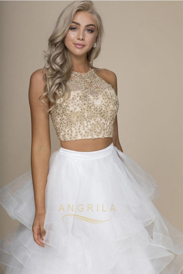 White and gold clearance 2 piece prom dress