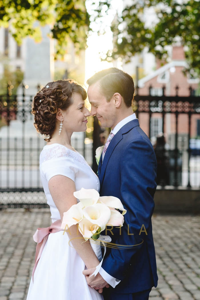 Knee-Length Lace Wedding Gown with Short Sleeves – loveangeldress