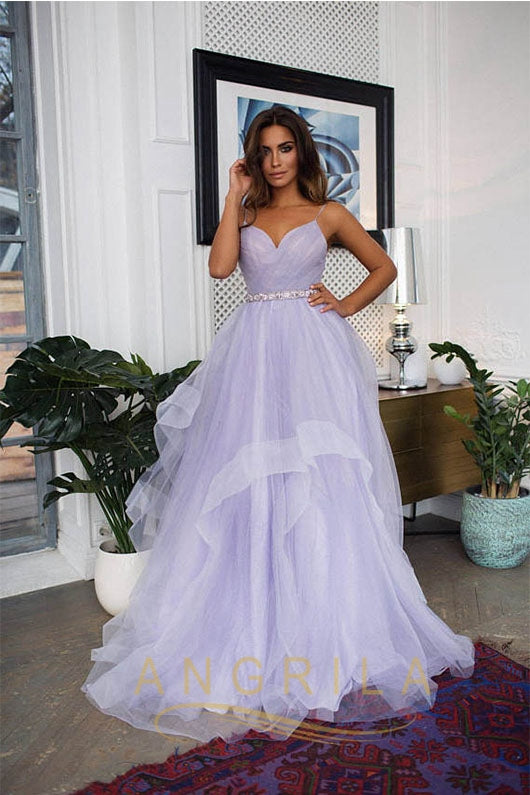 A-line Spaghetti Straps Purple Tulle Long Custom Bridesmaid