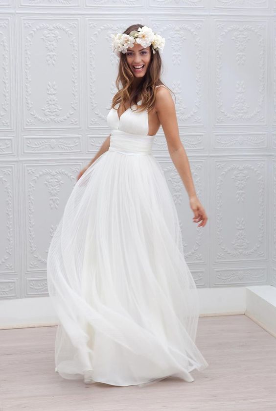 Spaghetti Straps Ruched Tulle Boho Beach Wedding Dress Angrila 1165