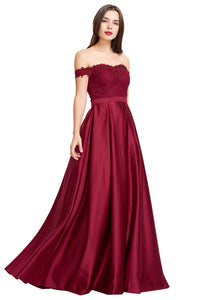 A-line Off the Shoulder Satin Beaded Prom Dress With Appliques