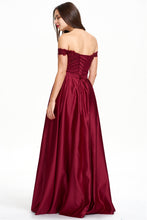 A-line Off the Shoulder Satin Beaded Prom Dress With Appliques