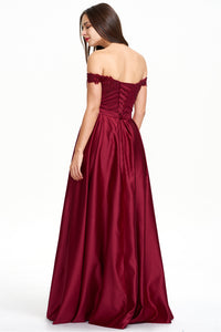 A-line Off the Shoulder Satin Beaded Prom Dress With Appliques