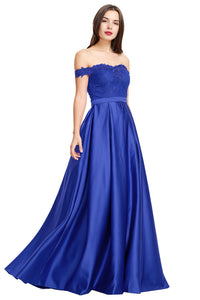 A-line Off the Shoulder Satin Beaded Prom Dress With Appliques