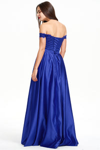 A-line Off the Shoulder Satin Beaded Prom Dress With Appliques