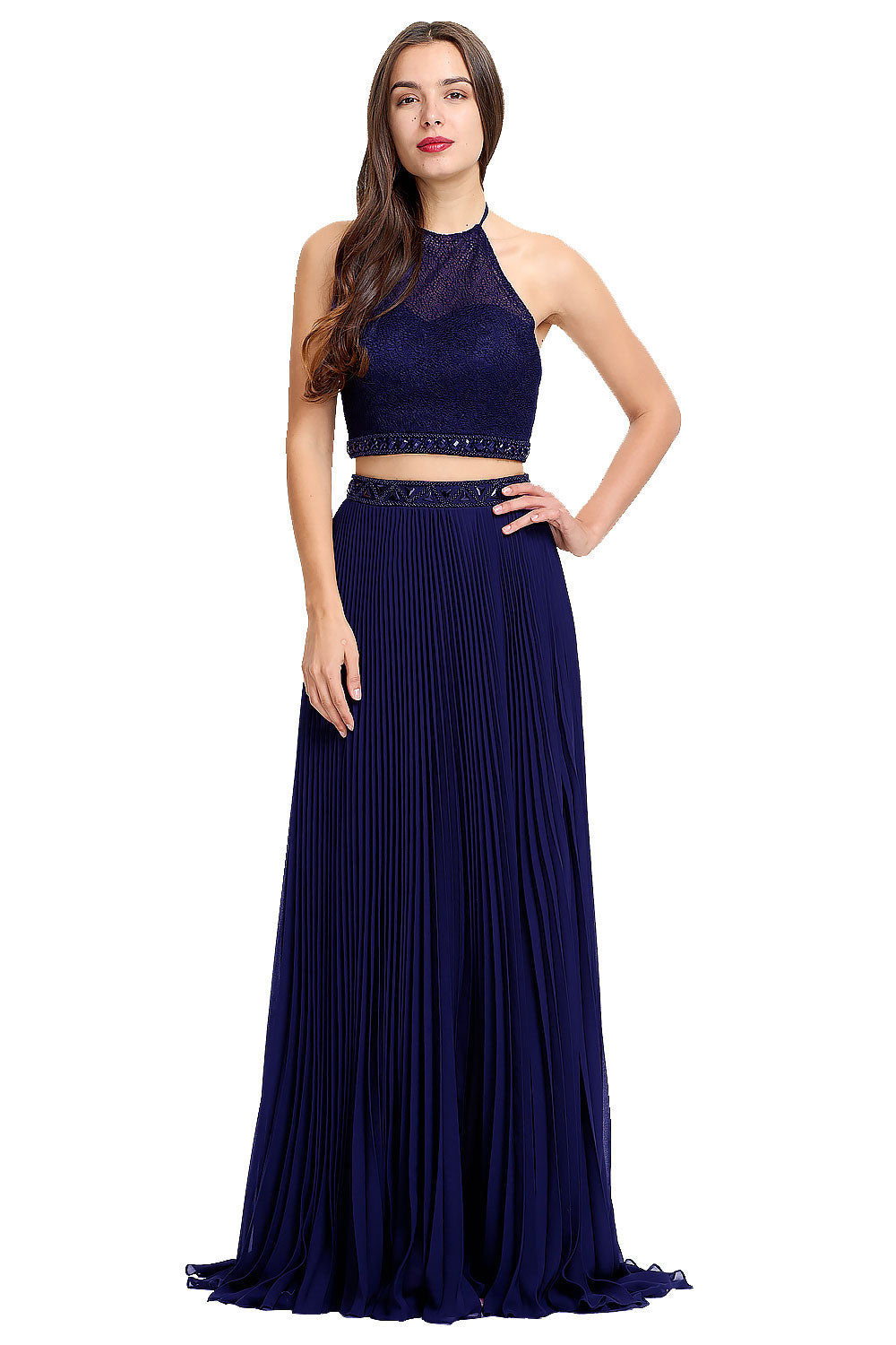 Two Pieces Halter Pleated Backless Chiffon Prom Dress With Beading