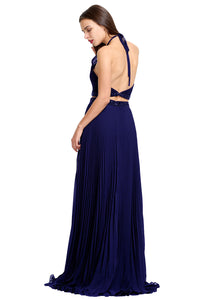 Two Pieces Halter Pleated Backless Chiffon Prom Dress With Beading