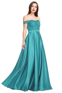 A-line Off the Shoulder Satin Beaded Prom Dress With Appliques