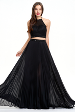 Two Pieces Halter Pleated Backless Chiffon Prom Dress With Beading