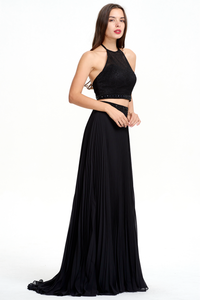 Two Pieces Halter Pleated Backless Chiffon Prom Dress With Beading