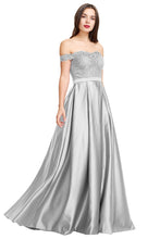 A-line Off the Shoulder Satin Beaded Prom Dress With Appliques