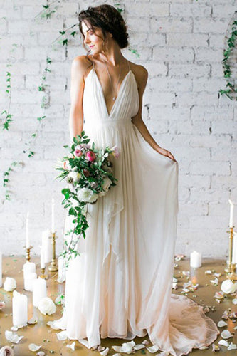 Sexy A-Line Deep V-Neck Backless Chiffon Boho Wedding Dresses with Pleats