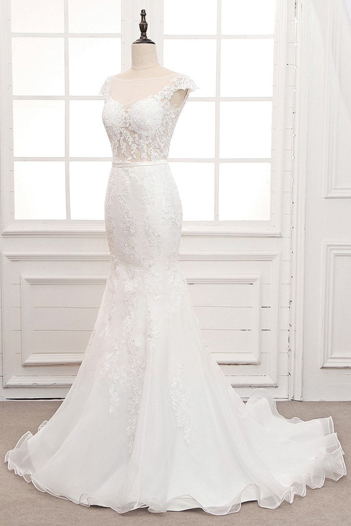 Tulle & Organza Bateau Mermaid Wedding Dresses with Lace Appliques & Belt