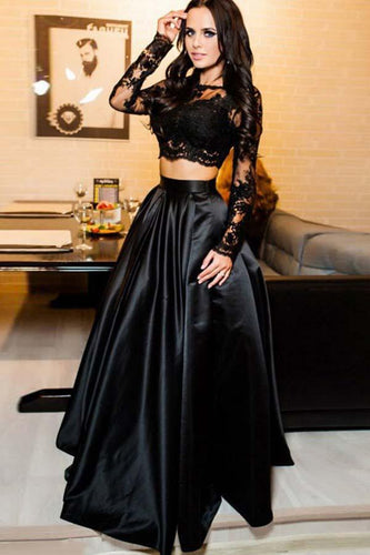 Two Pieces Black Satin & Lace Prom Dresses with Long Sleeves