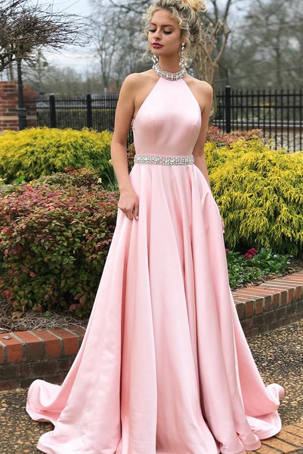 Elegant Halter Beading Satin Prom Dresses