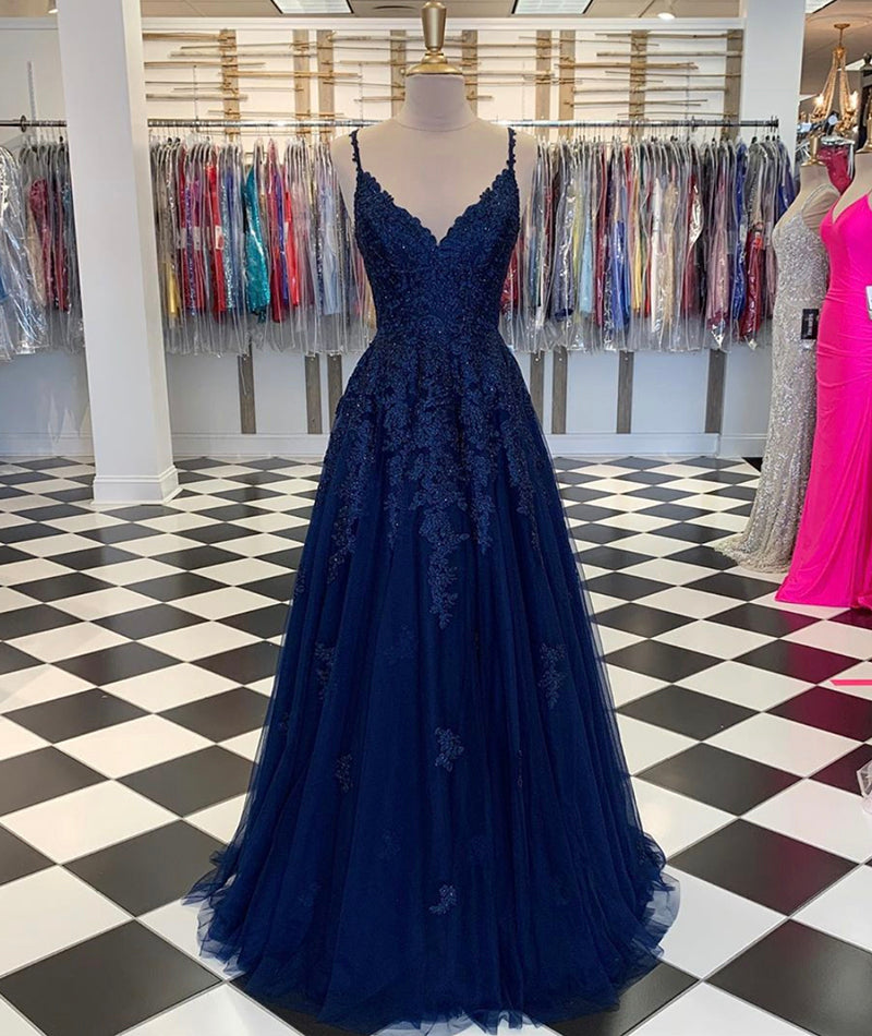 Navy Blue A-Line V-neck Floor-Length Chiffon Prom Dresses With Lace Sequins