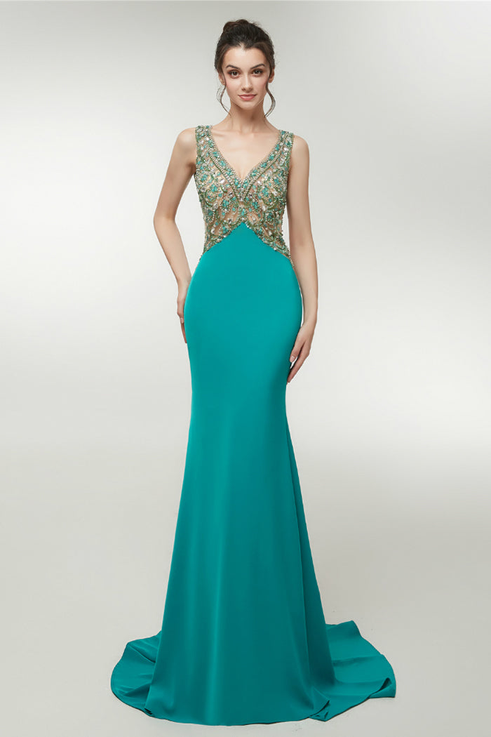 Sexy Mermaid Backless V-Neck Prom Dress with Crystal