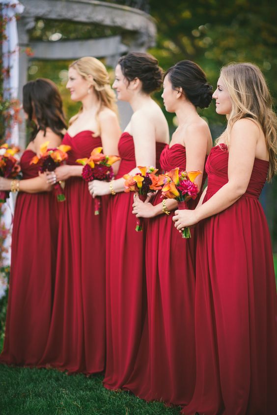 Long Sweetheart Strapless Red Simple Bridesmaid Dress Angrila