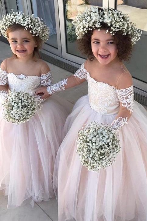 A-Line Tulle/Lace Floor Length Long Sleeve Sweetheart Flower Girl Dress