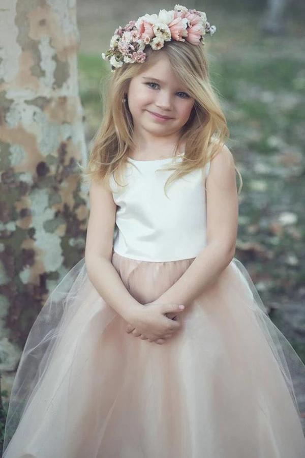 Ball-Gown/Princess Tea Length Tulle/Lace Sleeveless Scoop Neck Flower Girl Dress