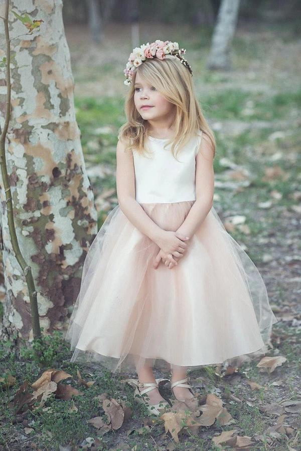 Ball-Gown/Princess Tea Length Tulle/Lace Sleeveless Scoop Neck Flower Girl Dress