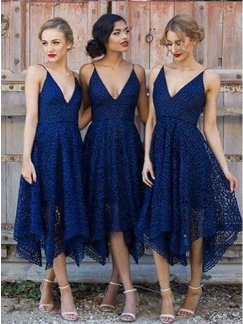 Spaghetti Straps Asymmetrical Deep V-Neck Lace Bridesmaid Dresses