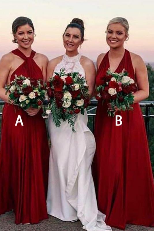 Convertible A-Line V-Neck Burgundy Bridesmaid  Dresses with Pleats