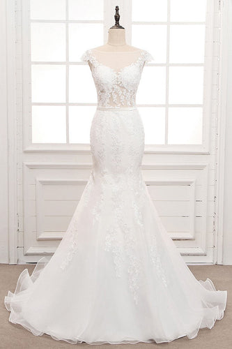 Tulle & Organza Bateau Mermaid Wedding Dresses with Lace Appliques & Belt