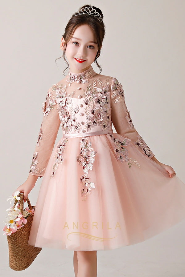 High Neck Embroidery Flower Girl Dresses with Sleeves