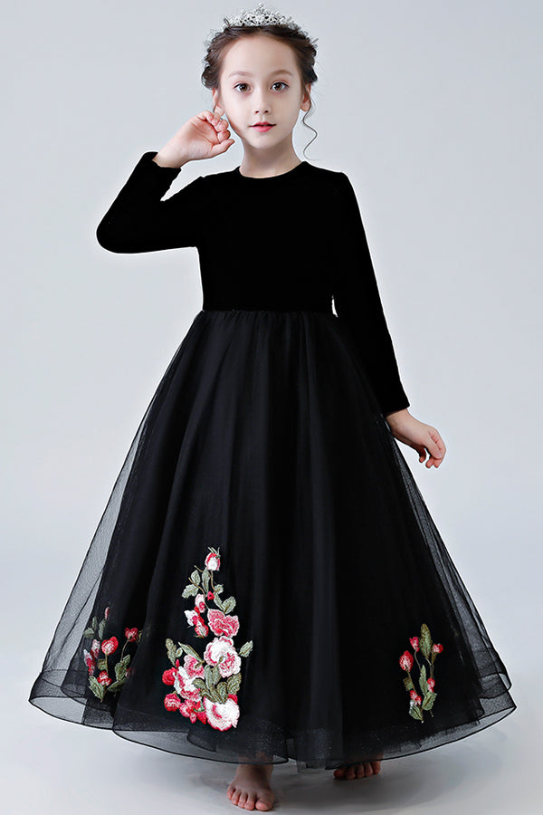 Black Floor-Length Flower Girl Dresses with Long Sleeves