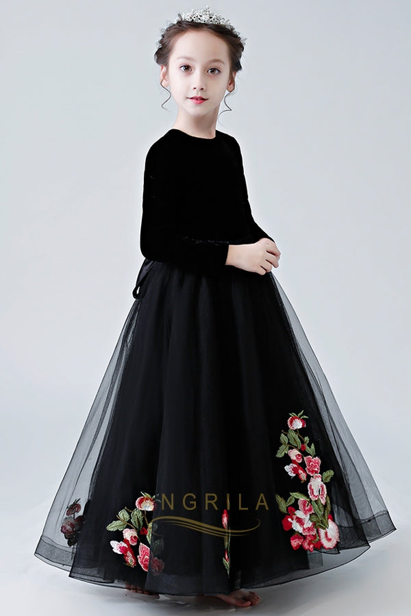 Black Floor-Length Flower Girl Dresses with Long Sleeves