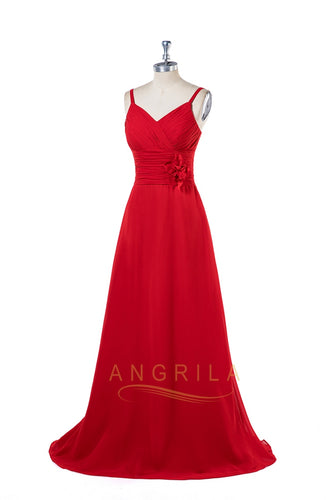 Red A-Line Long Bridesmaid Dresses with Flowers