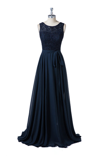 Dark Navy Lace and Chiffon Sleeveless Bridesmaid Dresses