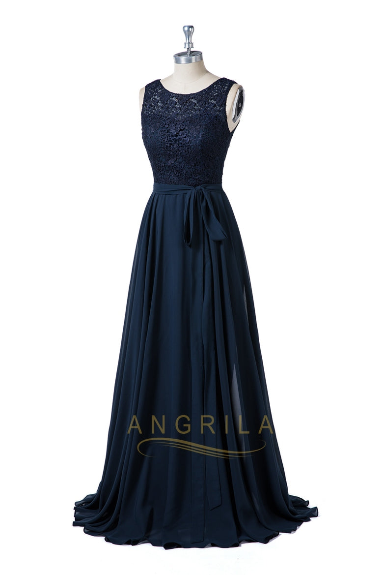 Dark Navy Lace and Chiffon Sleeveless Bridesmaid Dresses