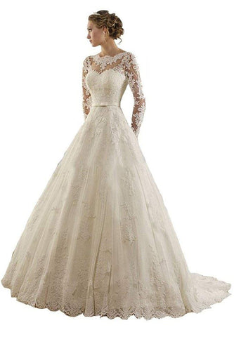 Lace Applique Long Sleeves Chapel Wedding Dress