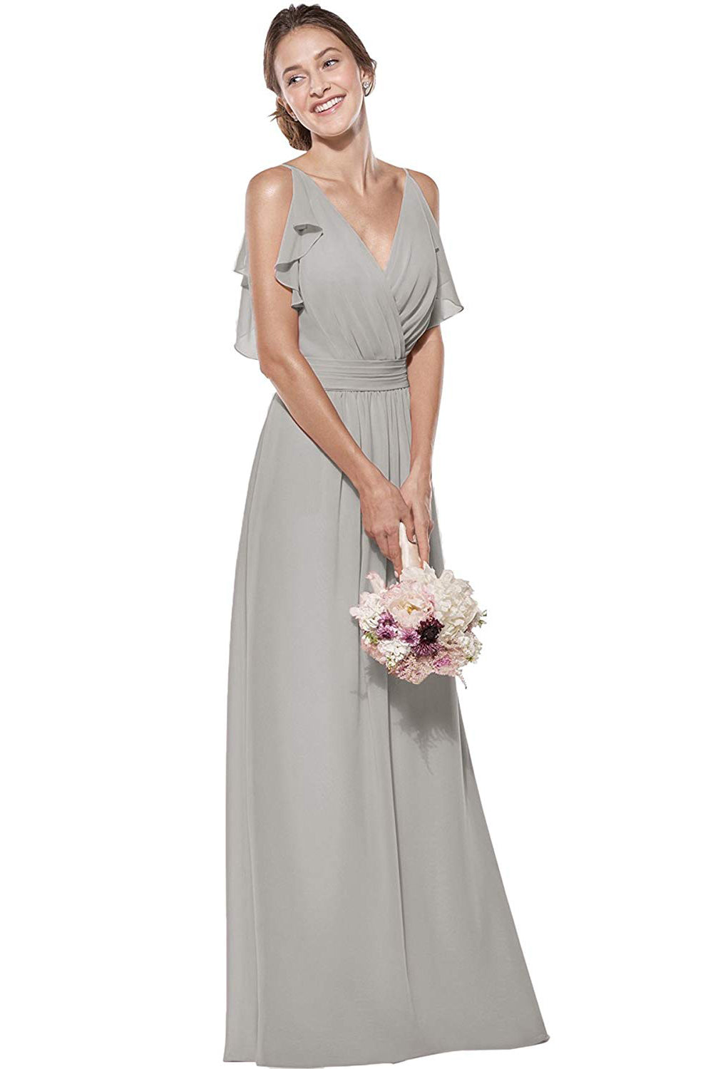 V-Neck Spaghetti Straps Chiffon Bridesmaid Dress Long Formal Evening Gown