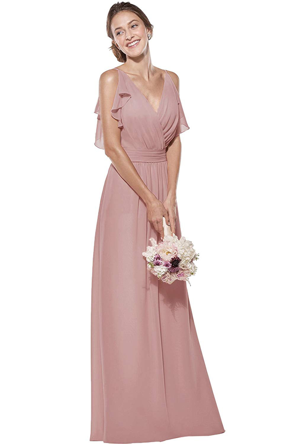 V-Neck Spaghetti Straps Chiffon Bridesmaid Dress Long Formal Evening Gown