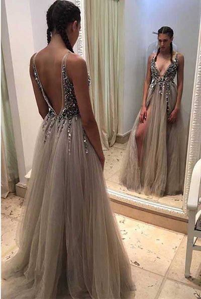 Princess V-Neck Tulle Beading Backless Prom Dresses