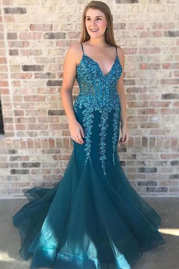 Sexy Mermaid Spaghetti Straps Turquoise Prom Dresses with Appliques Sequins