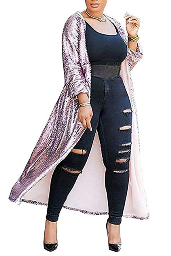 In Stock Women's Sequins Open Front Long Sleeve Club Cardigan for Evening Prom