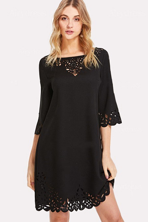 Lace Mid-sleeve Black T-shirt/Short Sheath Dress