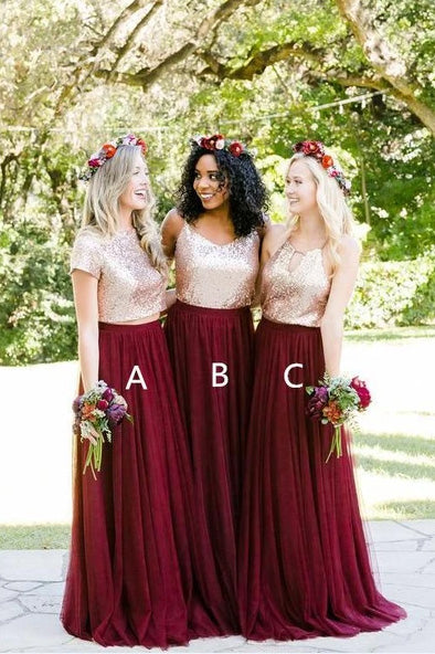 Two Piece Burgundy Sequin Bridesmaid Dresses