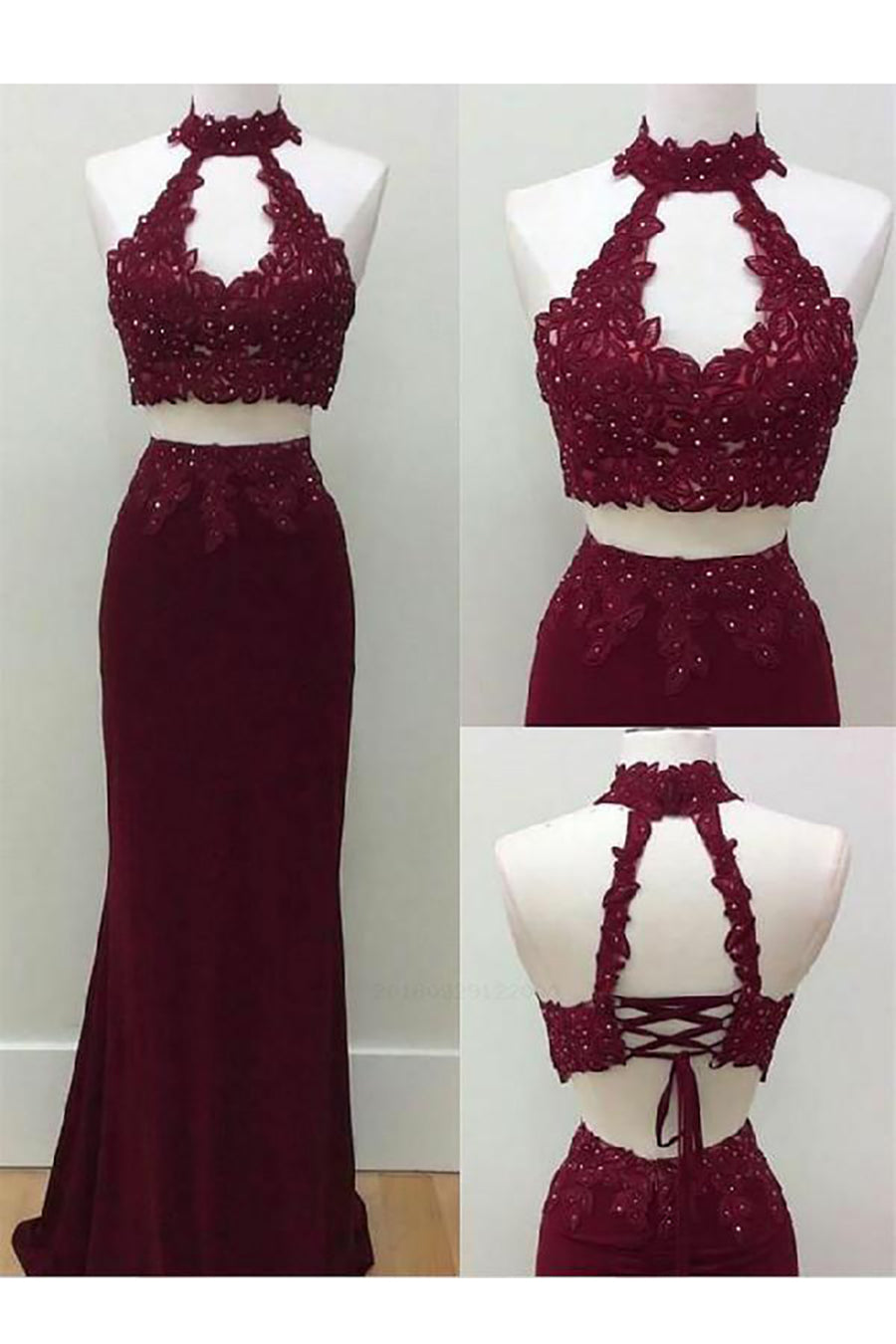 Two Piece Sheath Appliques Lace Halter and Open Back Evening Dress