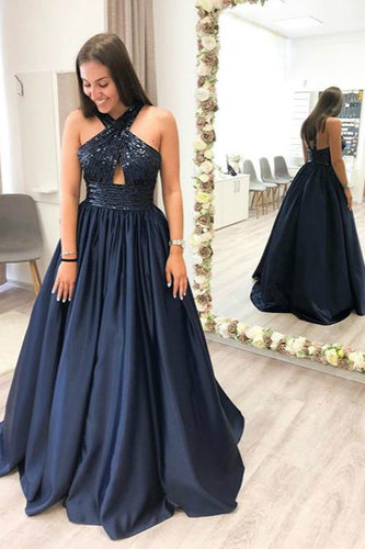 Dark Navy Floor-length Prom Dress with Sequins