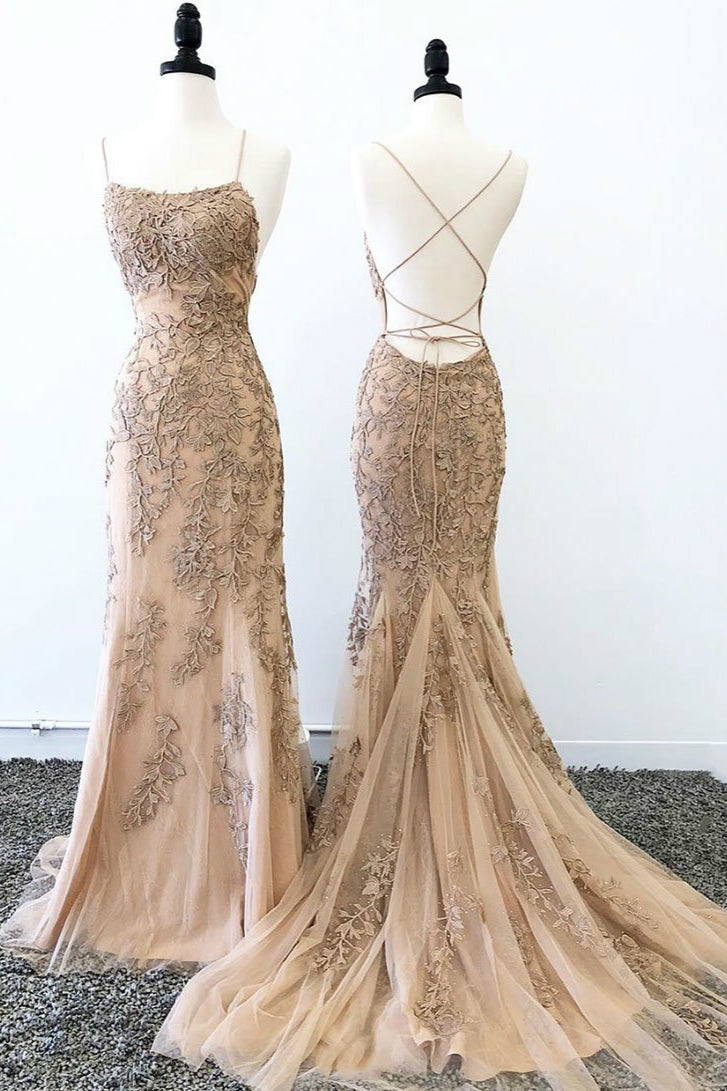 Mermaid Spaghetti Straps Applique Lace Prom Dresses with Sweep Train