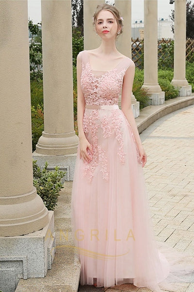 Vintage A-Line Lace Applique Beading Formal Prom Dresses