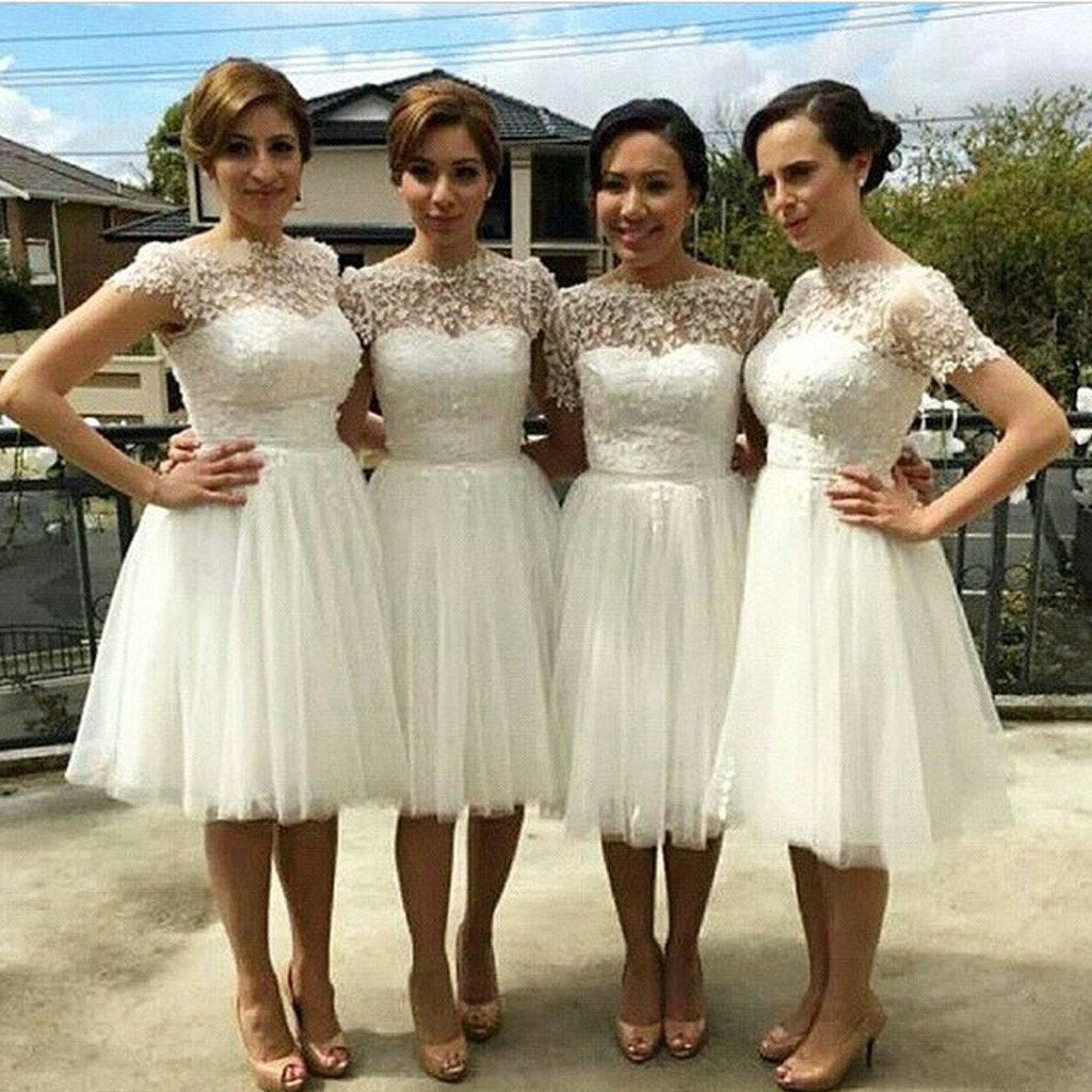 A-line Short Sleeves Knee-length Lace Tulle Bridesmaid Dresses